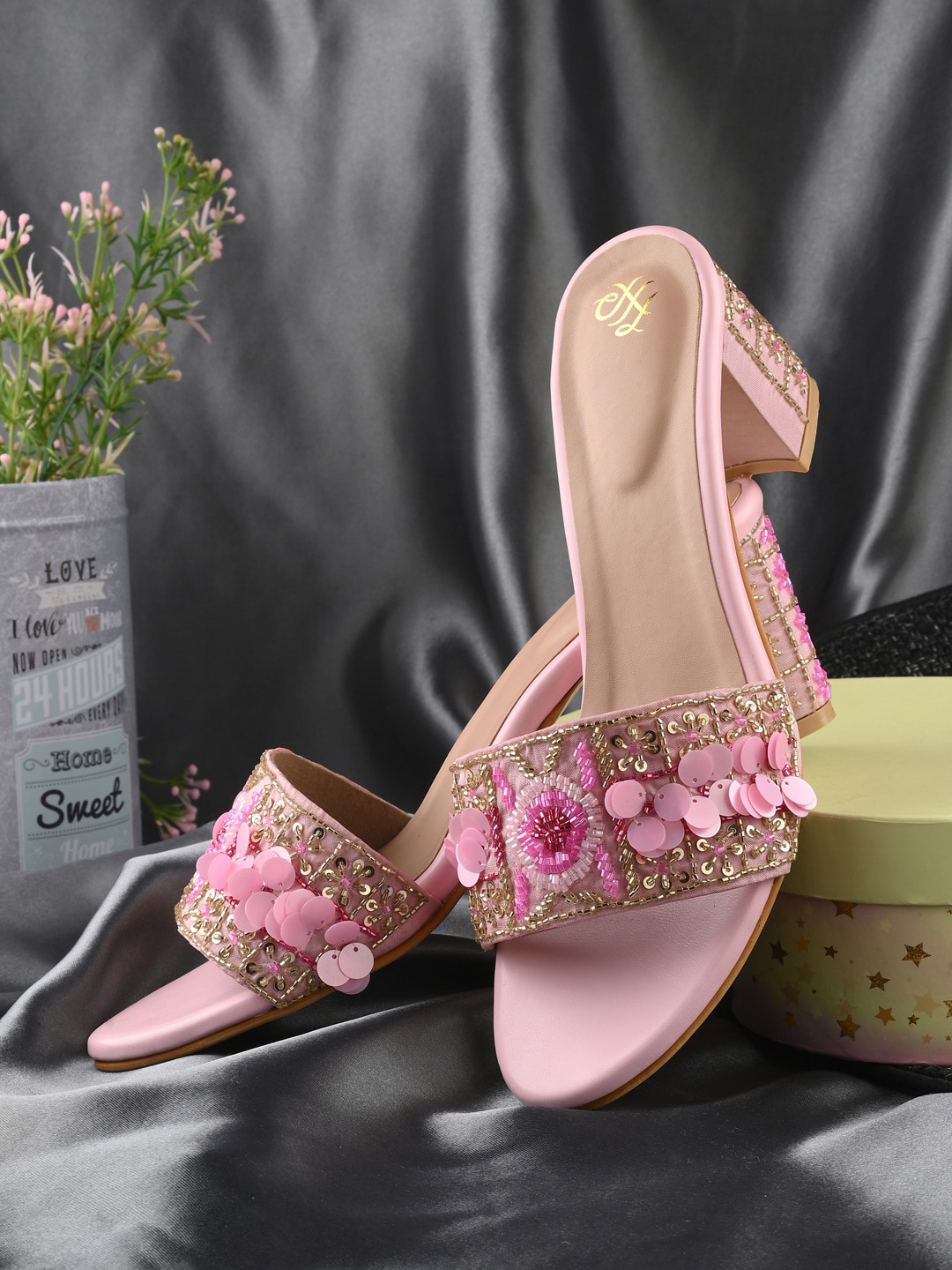 

House of Pataudi Embellished Open Toe Block Heels, Pink