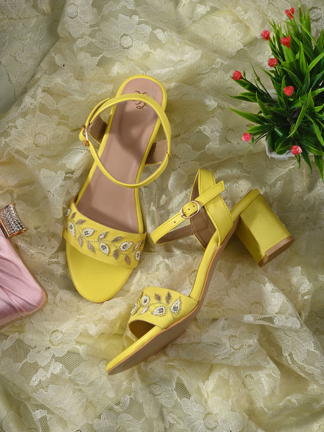 

House of Pataudi Embellished Block Heels, Yellow