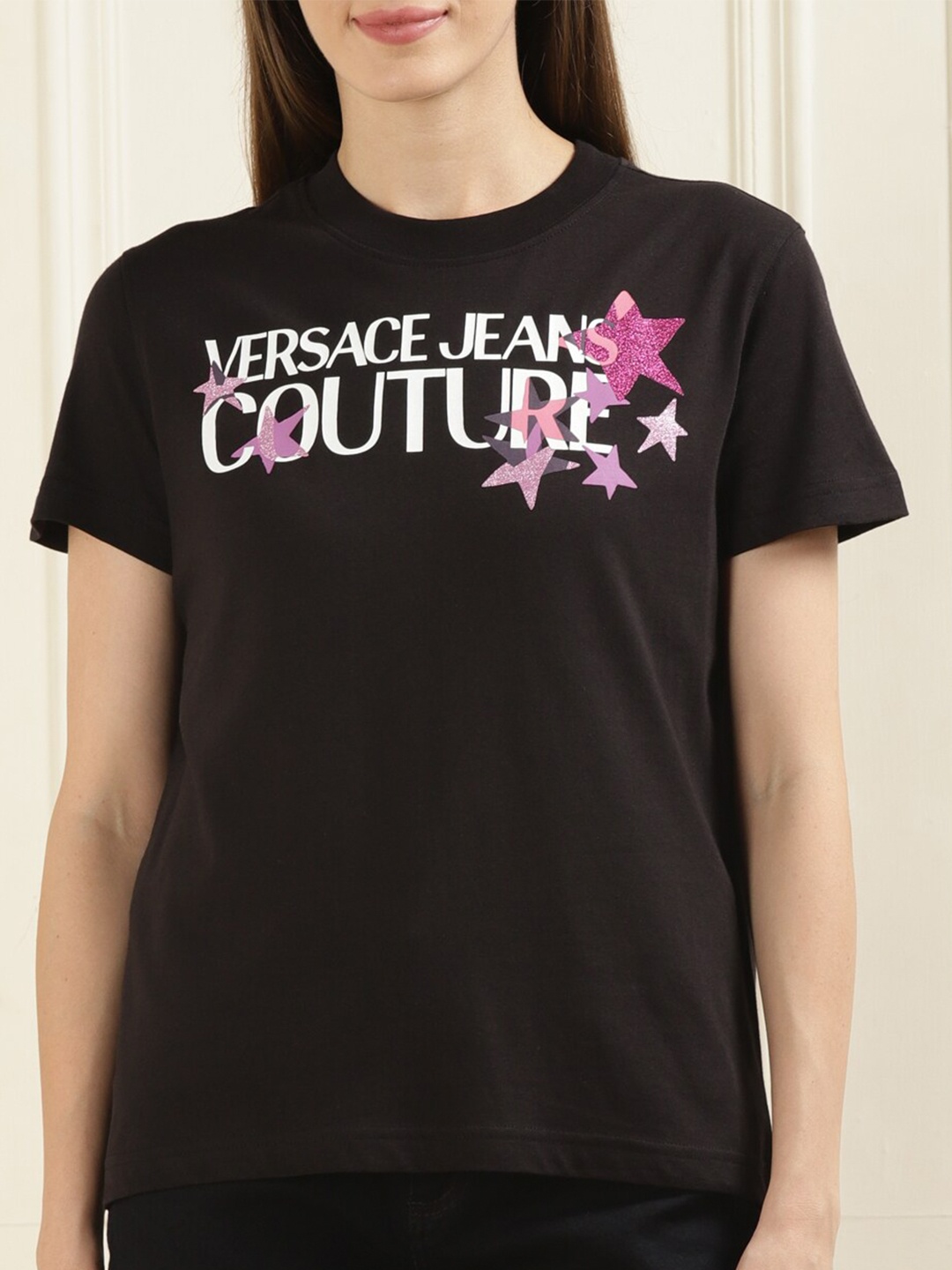 

Versace Jeans Couture Typography Printed Slim Fit Pure Cotton T-shirt, Black