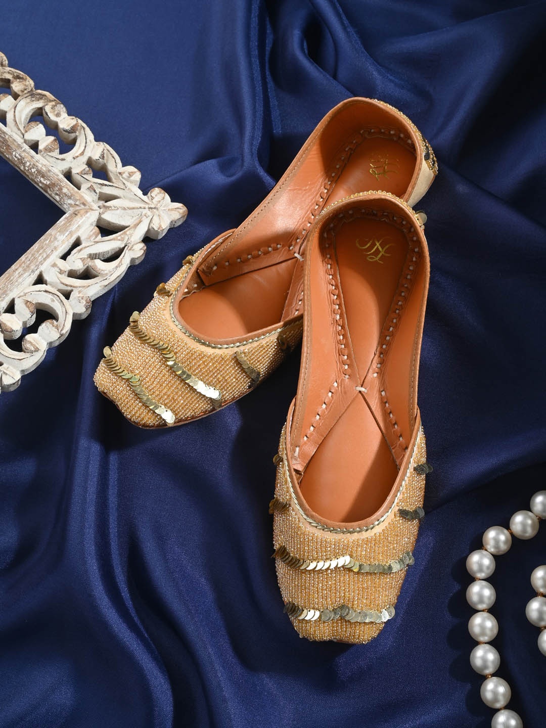 

House of Pataudi Embellished Ethnic Mojaris, Gold