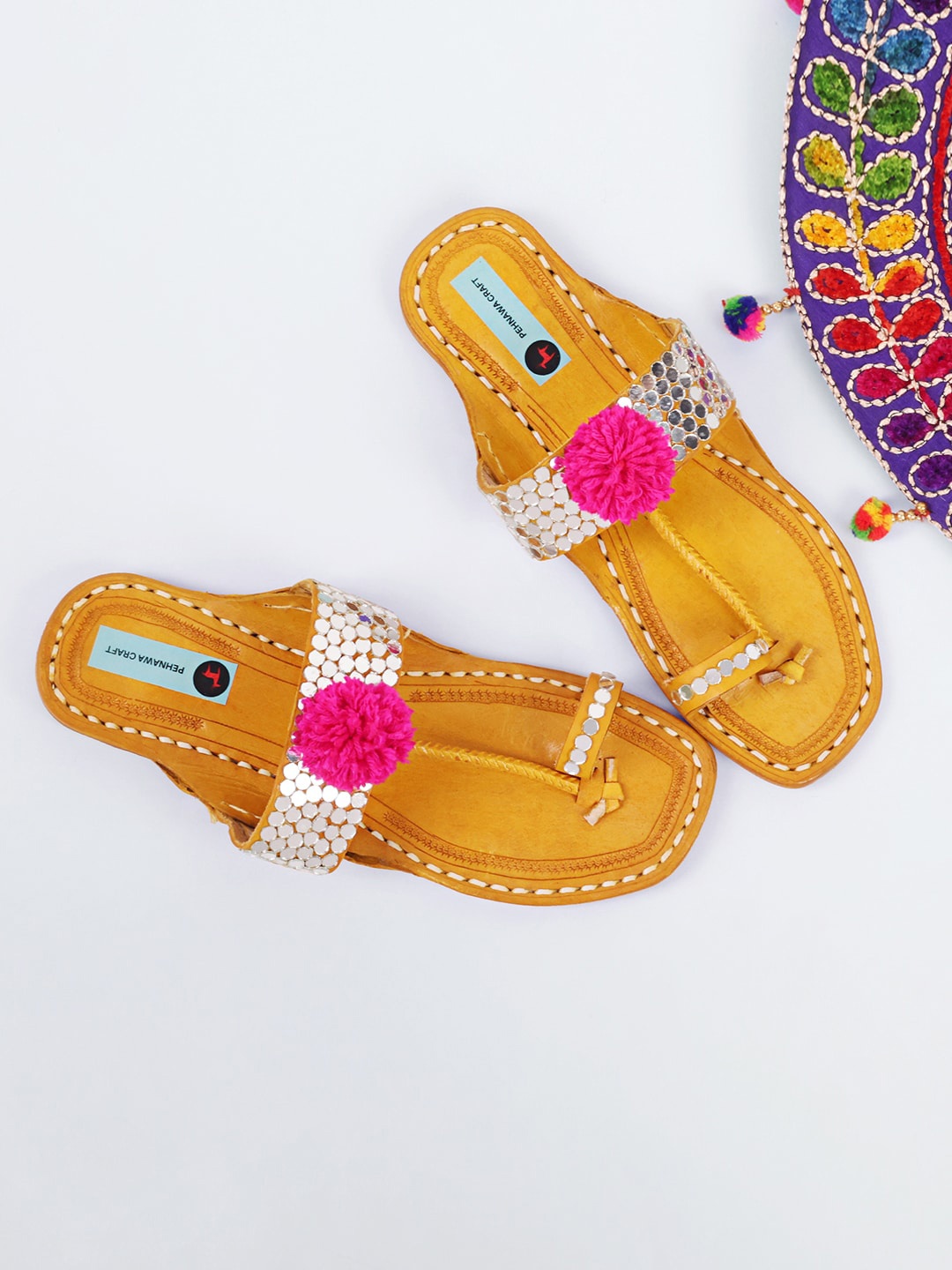 

PehnawaCraft Mirror Embellished Leather Kolhapuri One Toe Flats, Pink