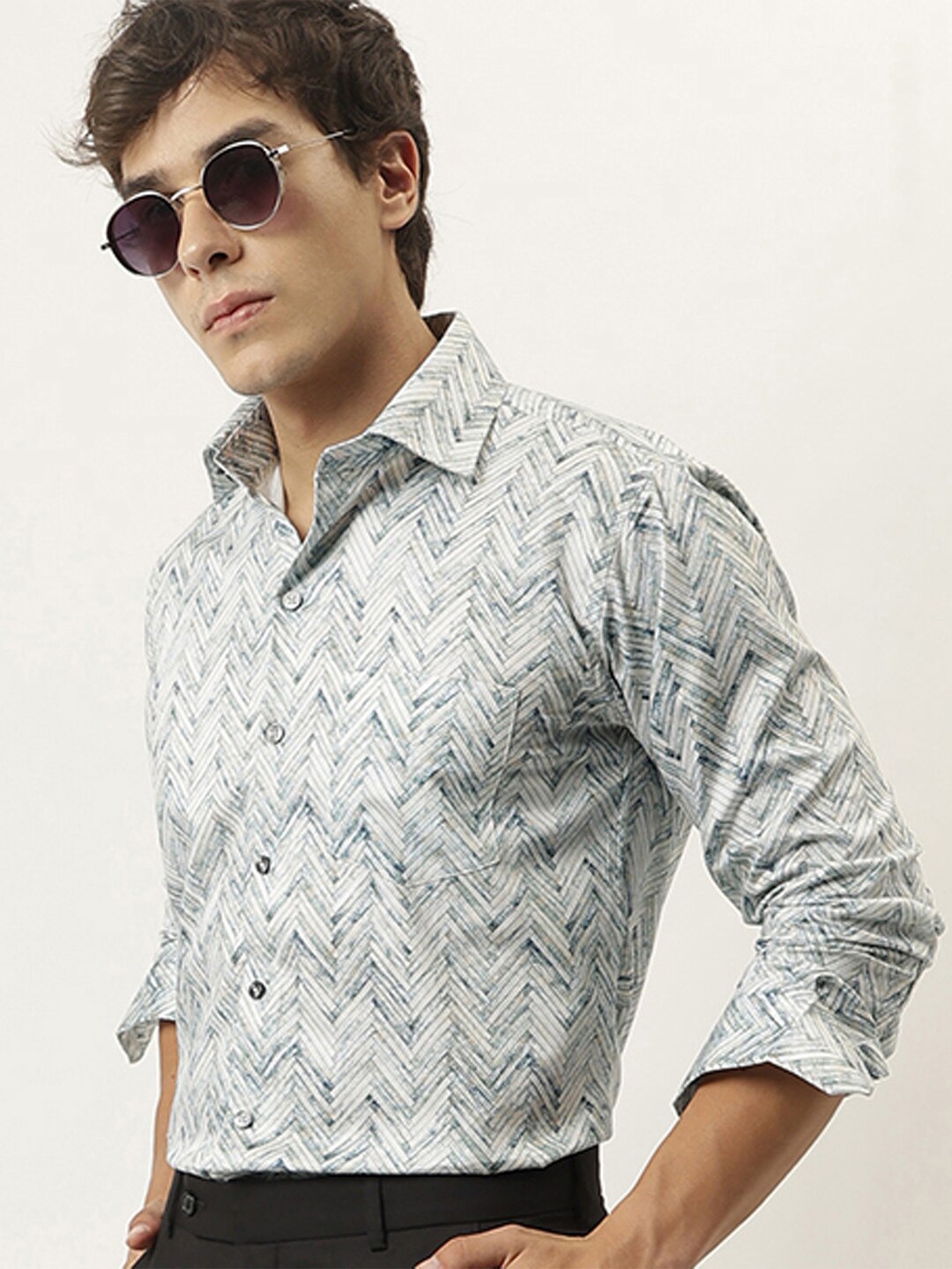 

Hancock Geometric Printed Premium Slim Fit Cotton Satin Party Shirt, White