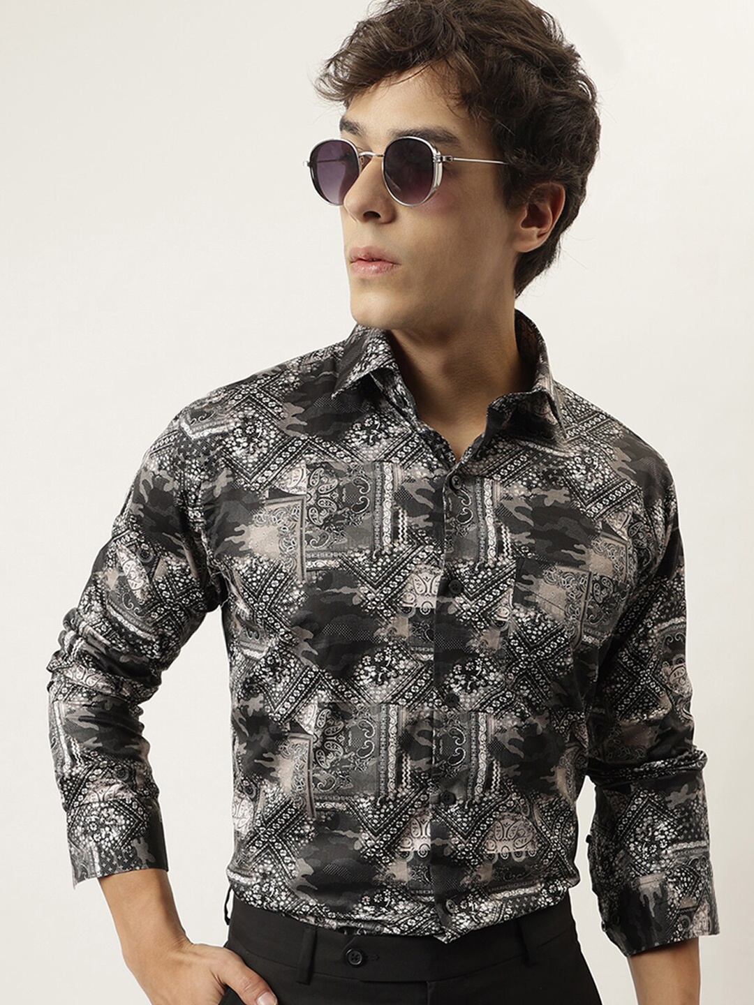 

Hancock Premium Slim Fit Ethnic Motifs Printed Cotton Satin Casual Shirt, Black
