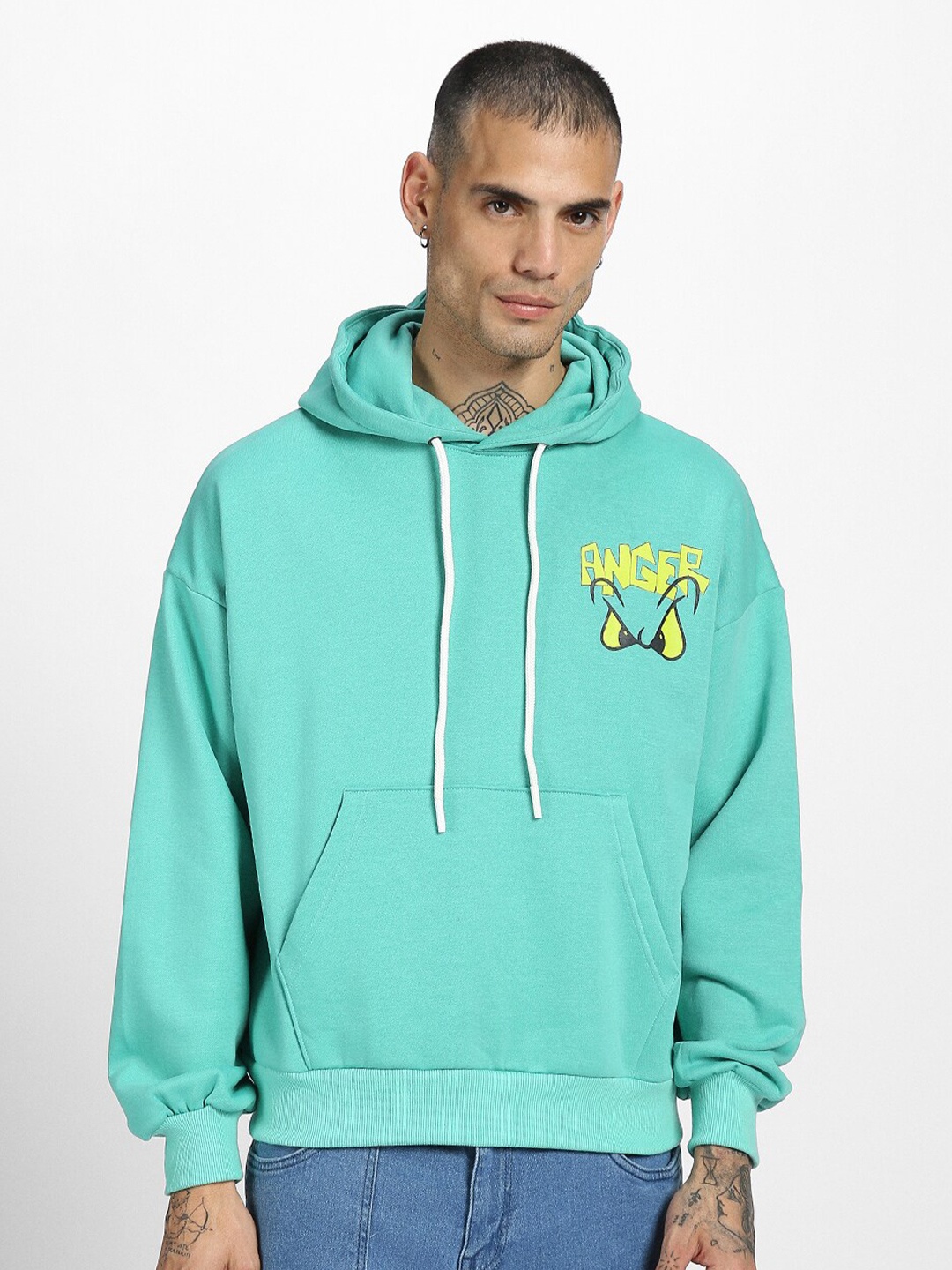 

VEIRDO Green Printed Hooded Fleece Sweatshirt