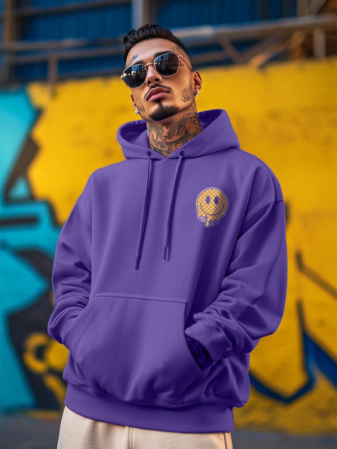 

VEIRDO Purple Graphic Printed Hooded Fleece Oversized Pullover