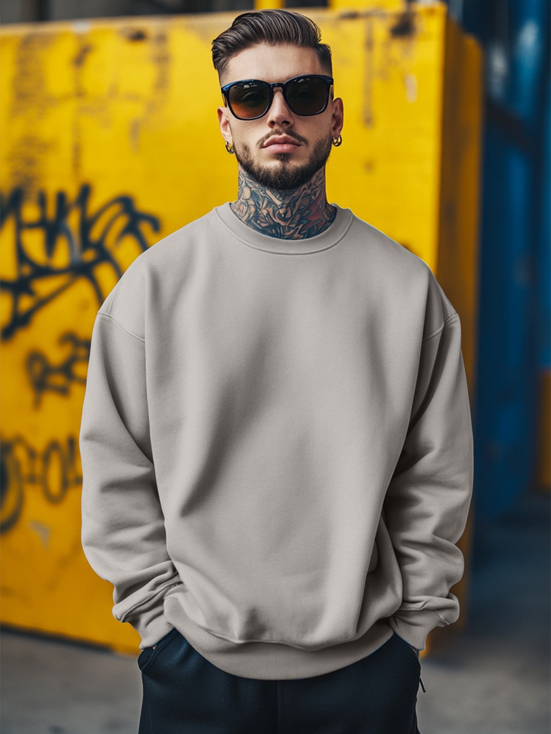 

VEIRDO Drop Shoulder Sleeves Oversized Crew Neck Pullover, Grey