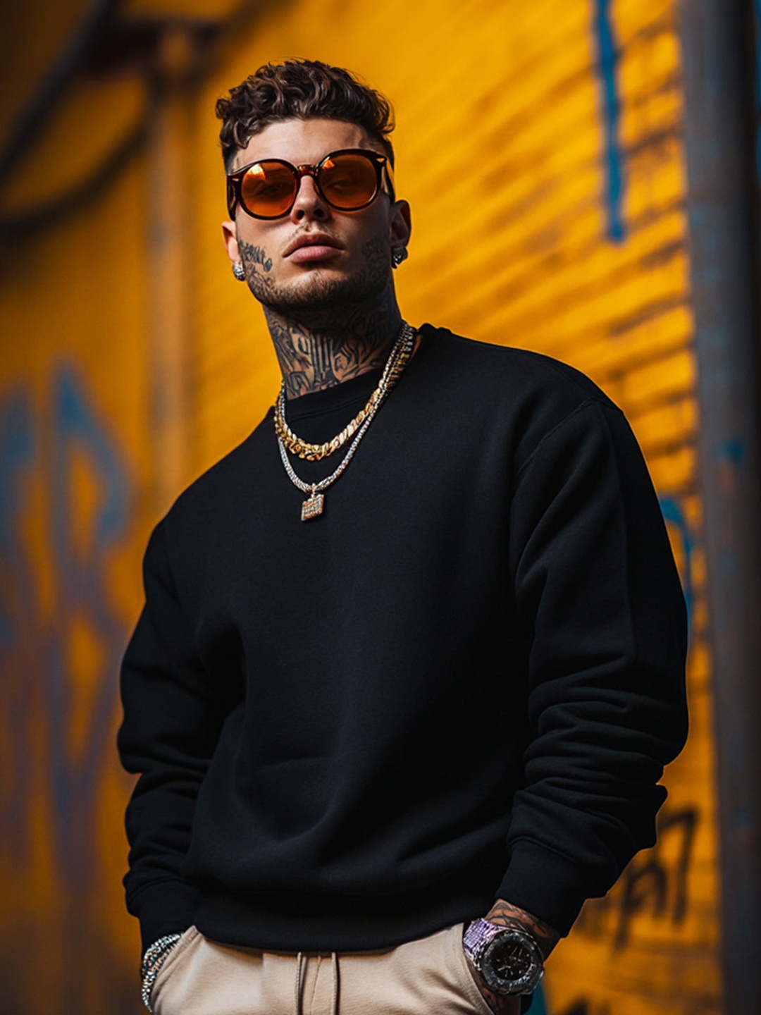 

VEIRDO Black Round Neck Fleece Sweatshirt