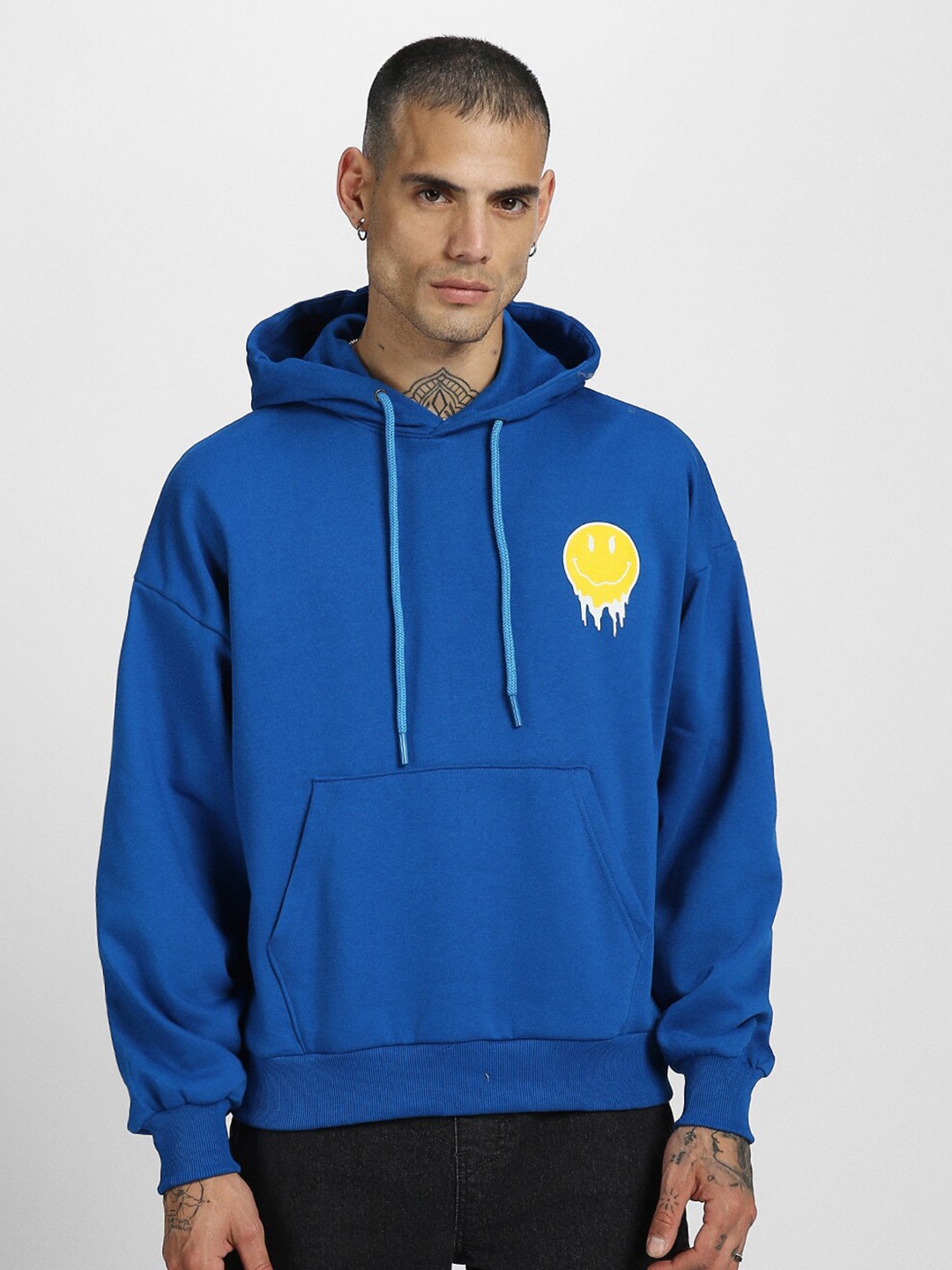 

VEIRDO Printed Detail Hooded Fleece Sweatshirt, Blue