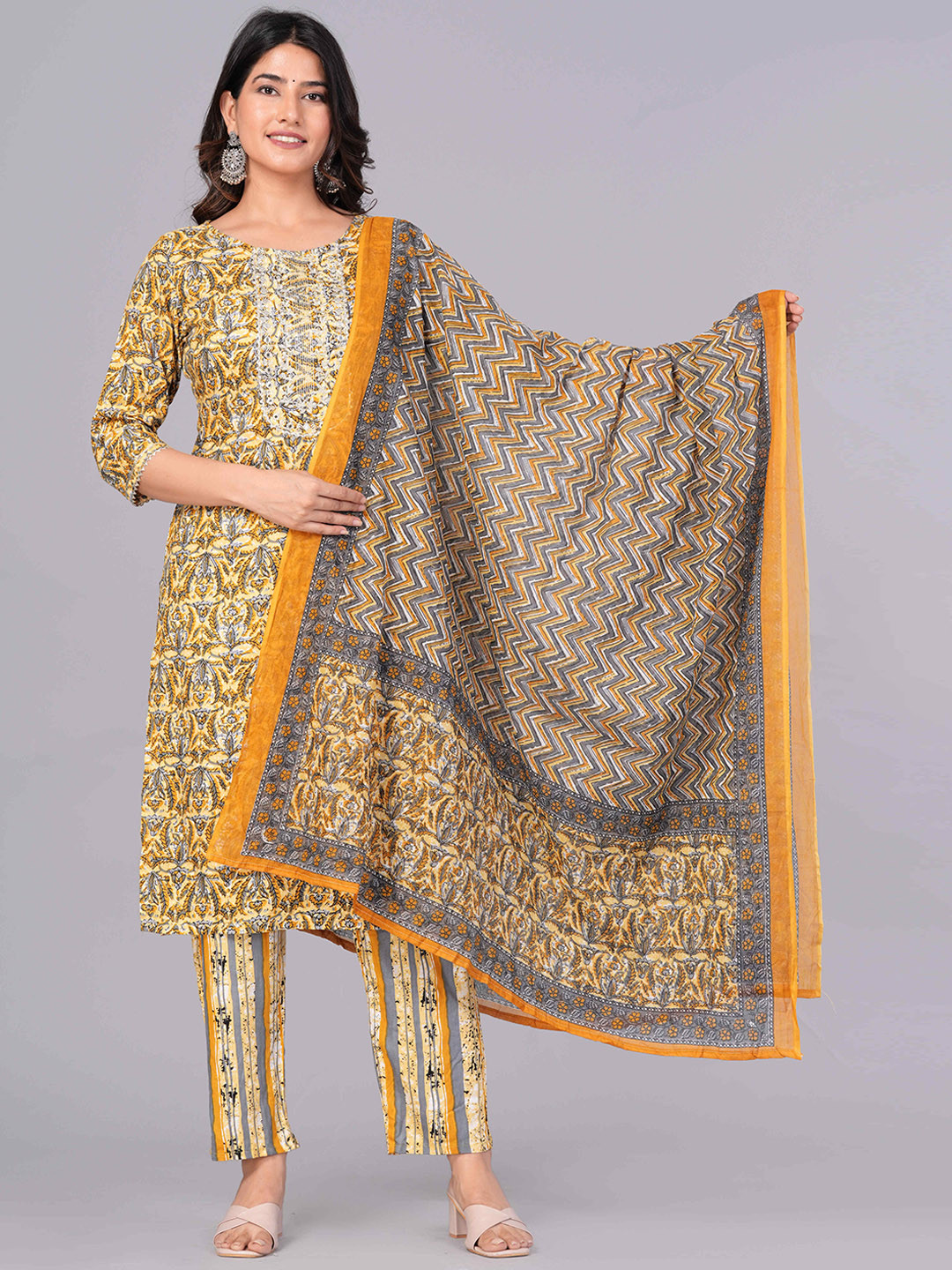 

Sanganeri Kurti Geometric Printed Pure Cotton Kurta With Trousers & Dupatta, Mustard