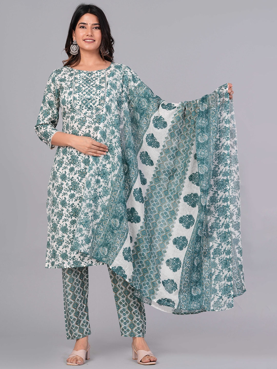 

Sanganeri Kurti Floral Printed Regular Pure Cotton Kurta With Trousers & Dupatta, Green