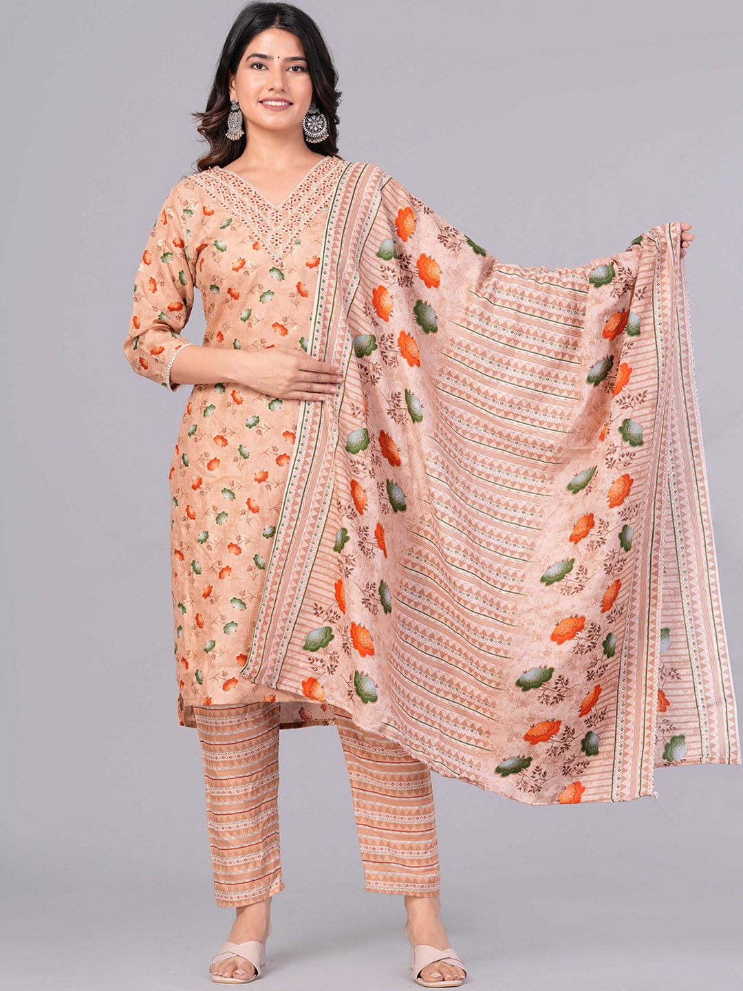 

Sanganeri Kurti Floral Printed Thread Work Pure Cotton Kurta With Trousers & Dupatta, Peach