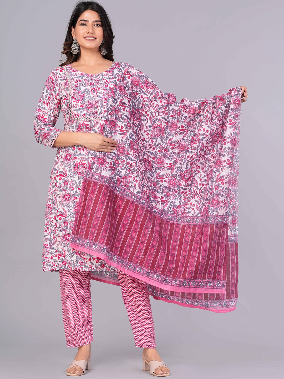 

Sanganeri Kurti Floral Printed Mirror Work Pure Cotton Kurta with Trousers & Dupatta, Pink