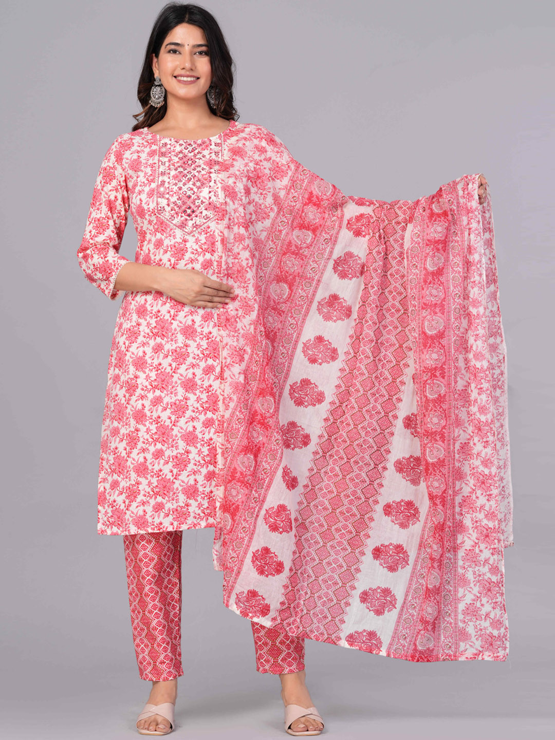 

Sanganeri Kurti Floral Printed Regular Pure Cotton Kurta With Trousers & Dupatta, White