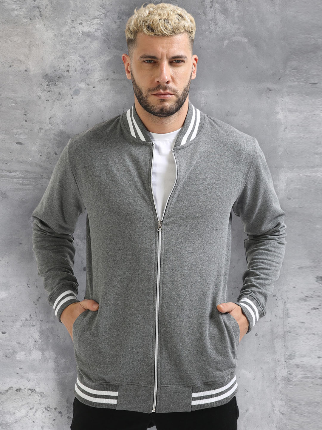 

fanideaz Mock Collar Bomber Jacket, Grey