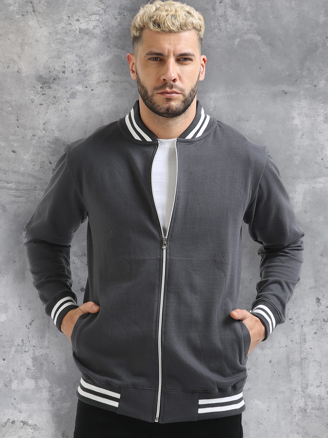 

fanideaz Mock Collar Bomber Jacket, Charcoal