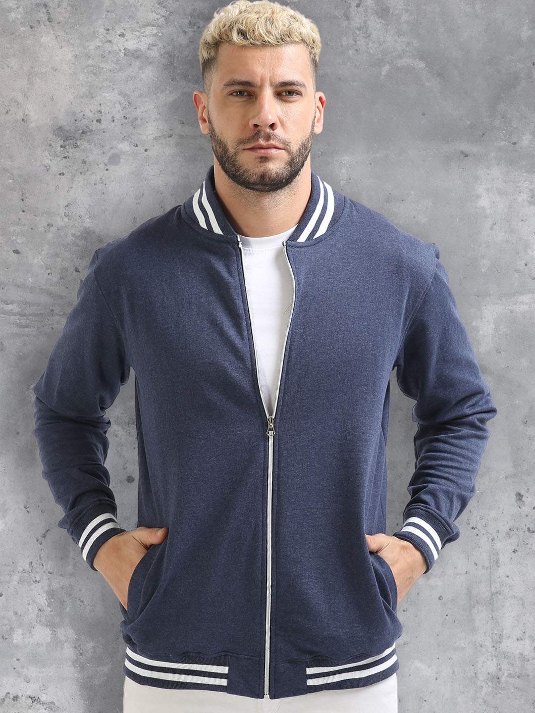 

fanideaz Mock Collar Bomber Jacket, Blue
