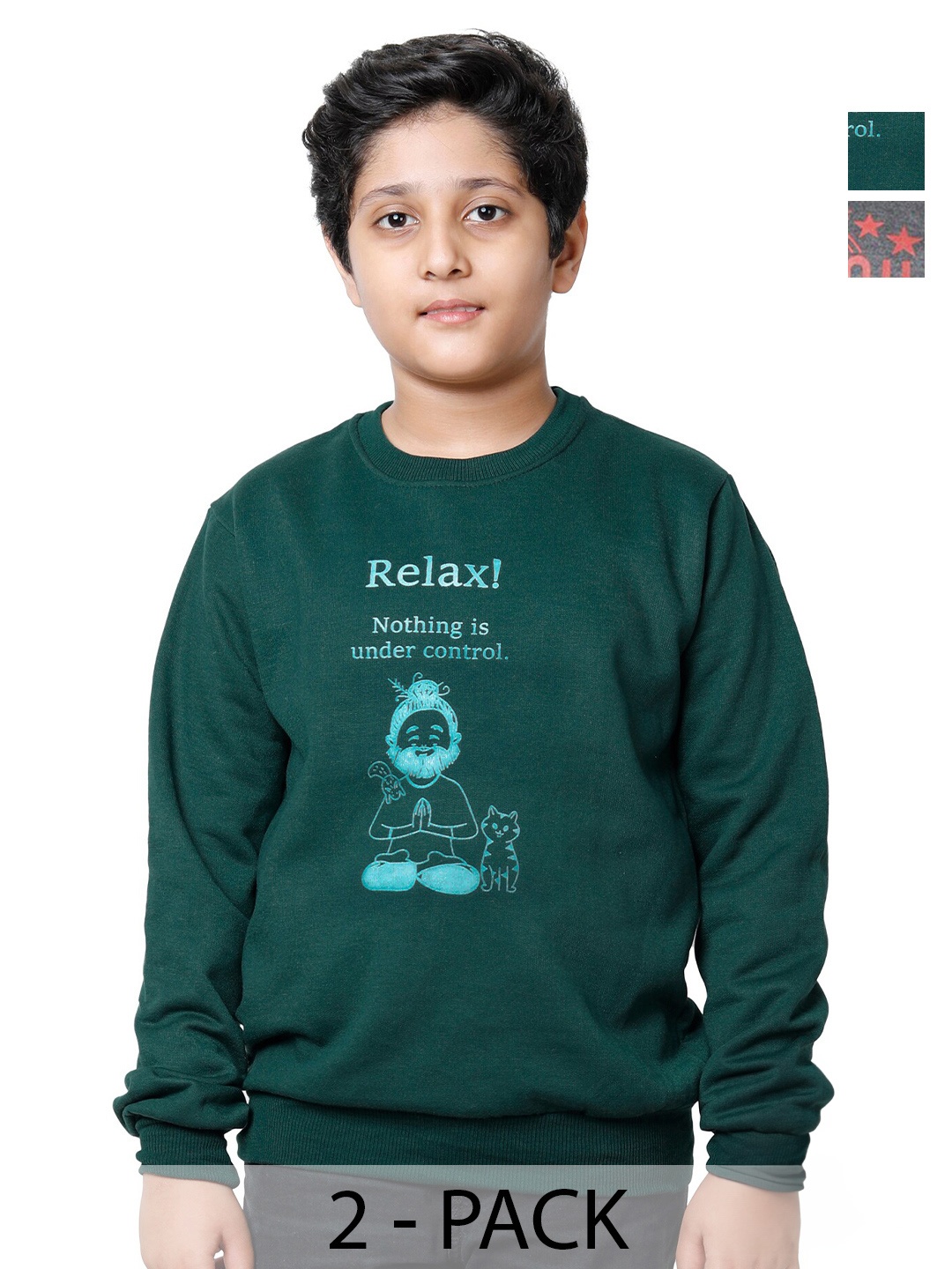 

IndiWeaves Boys Pack Of 2 Typography Printed Fleece Pullover Sweatshirt, Green