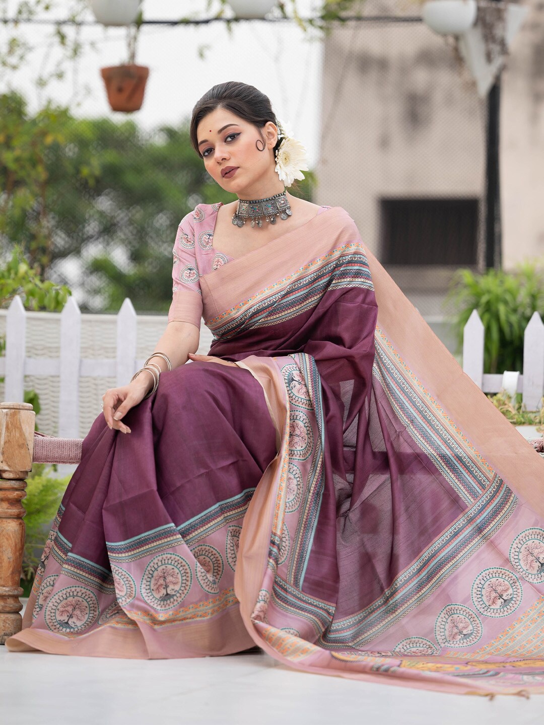 

KARAGIRI Printed Tussar Saree, Mauve