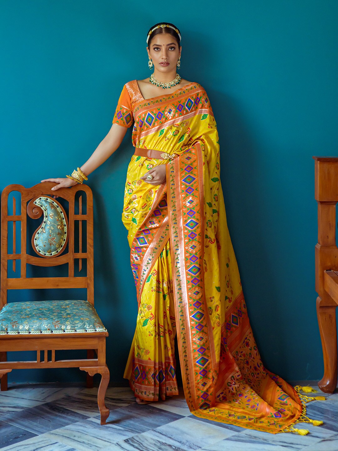 

KARAGIRI Ethnic Motifs Woven Design Zari Paithani Saree, Yellow
