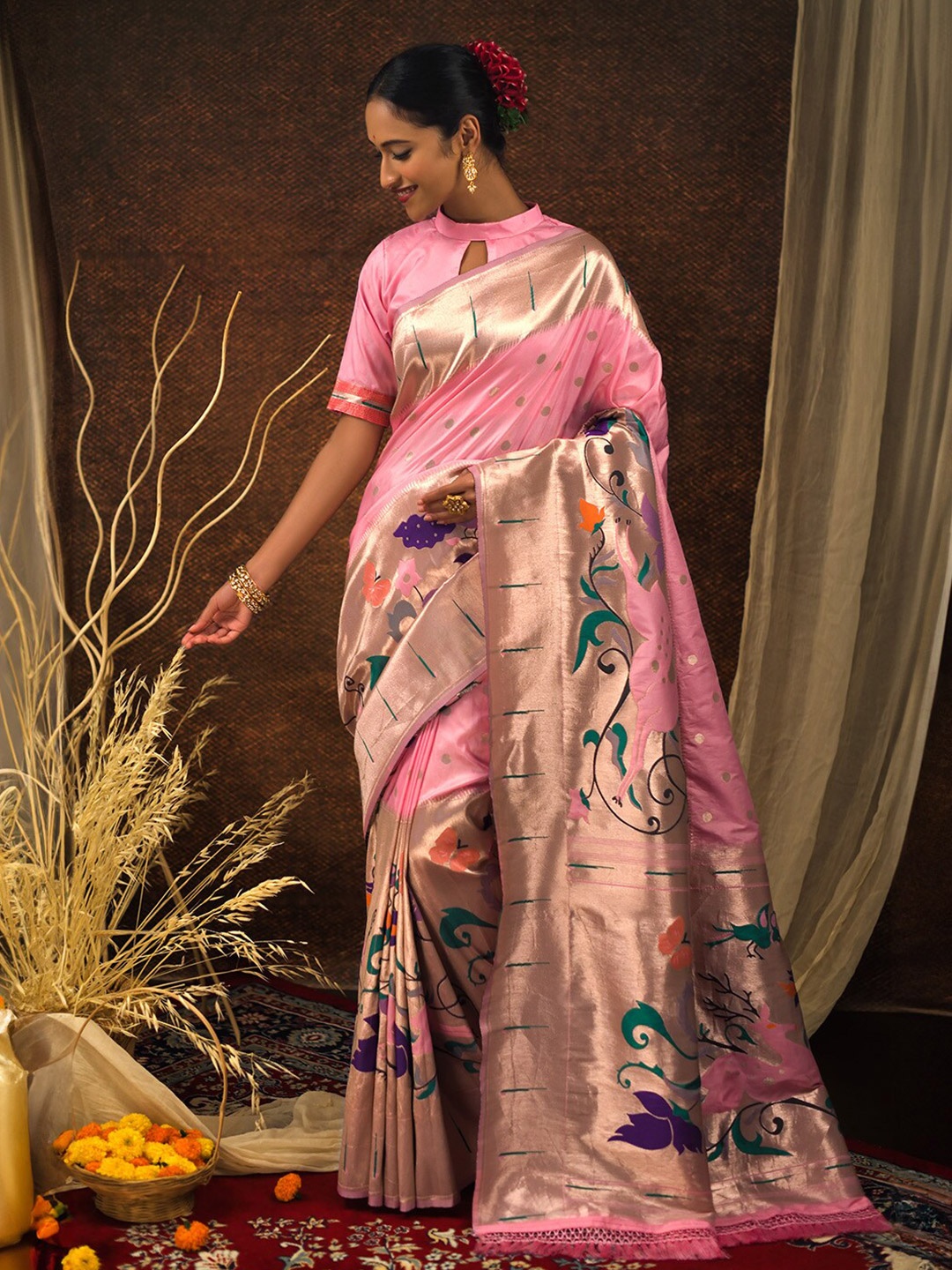 

KARAGIRI Woven Design Zari Paithani Saree, Pink