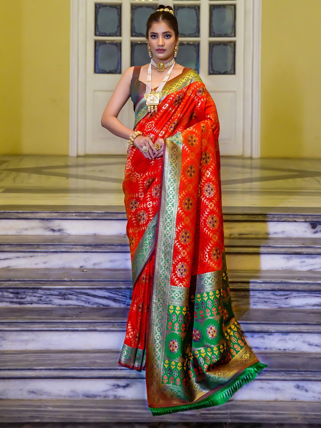 

KARAGIRI Ethnic Motifs Woven Design Zari Silk Blend Patola Saree, Red