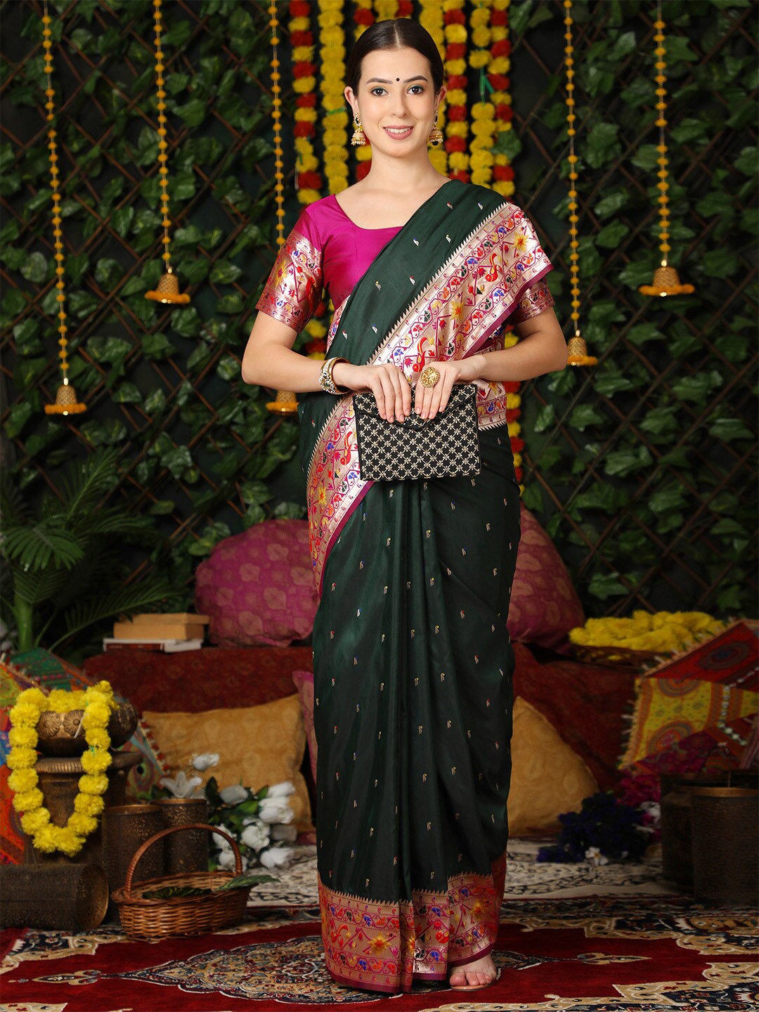 

KARAGIRI Ethnic Motifs Woven Design Zari Silk Blend Paithani Saree, Green