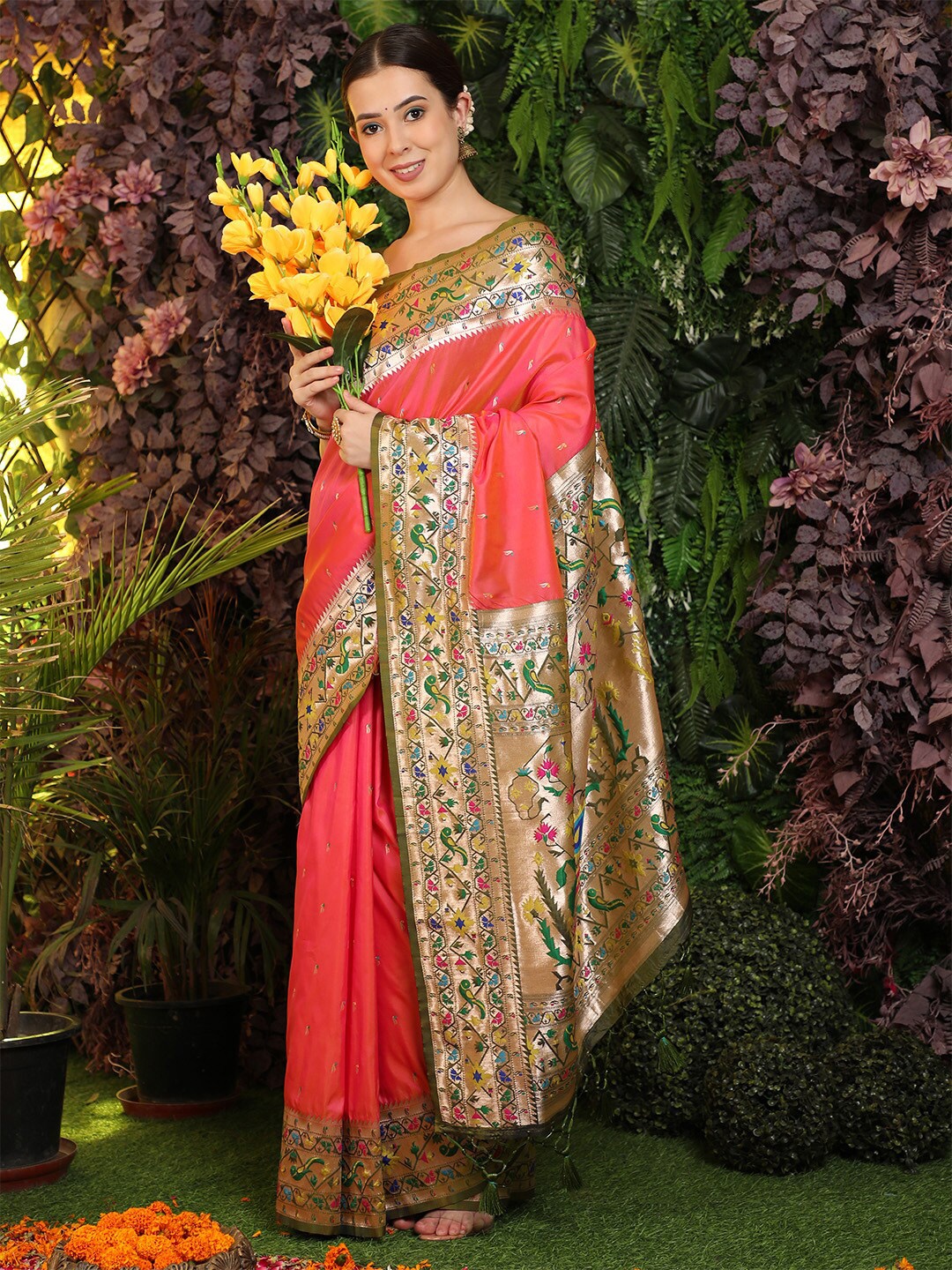 

KARAGIRI Ethnic Motifs Woven Design Zari Silk Blend Paithani Saree, Coral