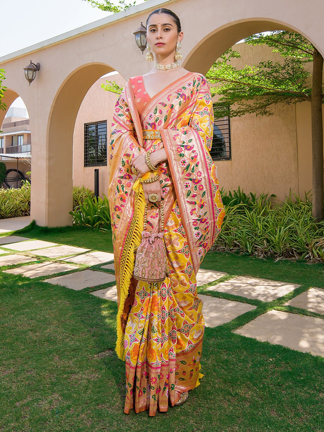 

KARAGIRI Ethnic Motifs Woven Design Zari Paithani Saree, Yellow