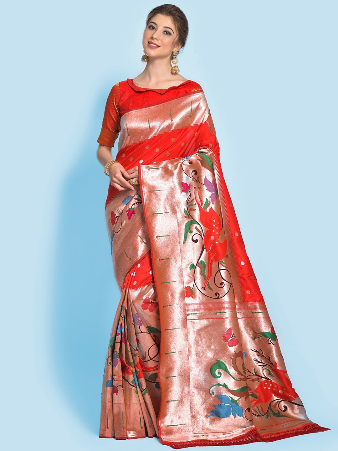 

KARAGIRI Ethnic Motifs Woven Design Zari Detail Paithani Saree, Red