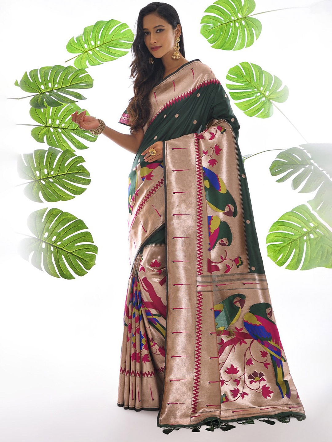 

KARAGIRI Ethnic Motifs Woven Design Zari Detail Paithani Saree, Green