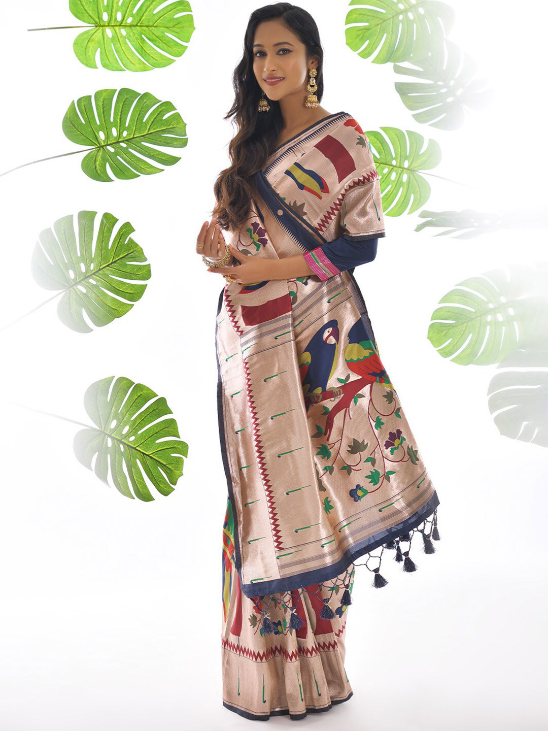 

KARAGIRI Ethnic Motifs Woven Design Zari Detail Paithani Saree, Navy blue