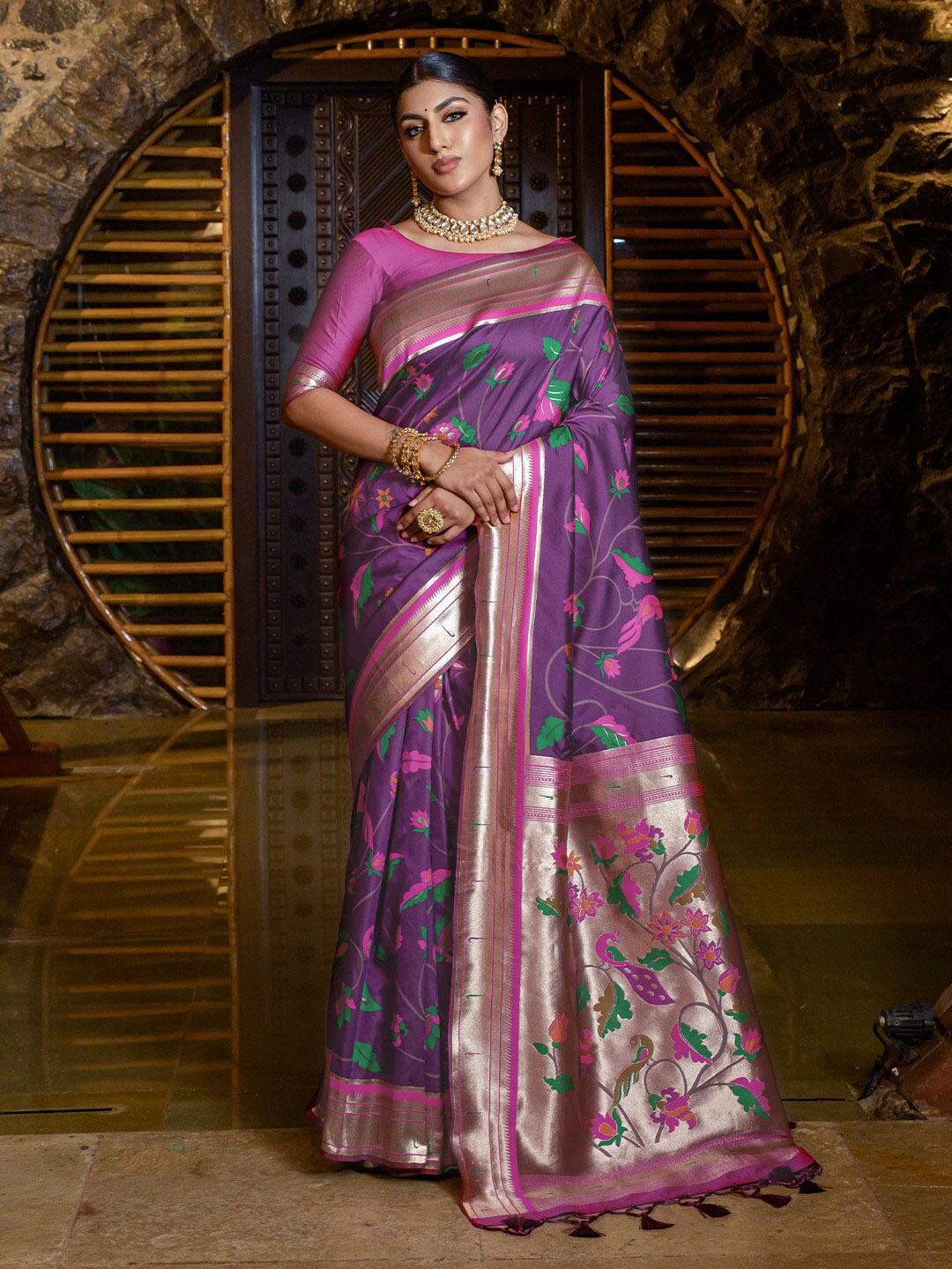 

KARAGIRI Floral Woven Design Zari Detail Banarasi Saree, Purple