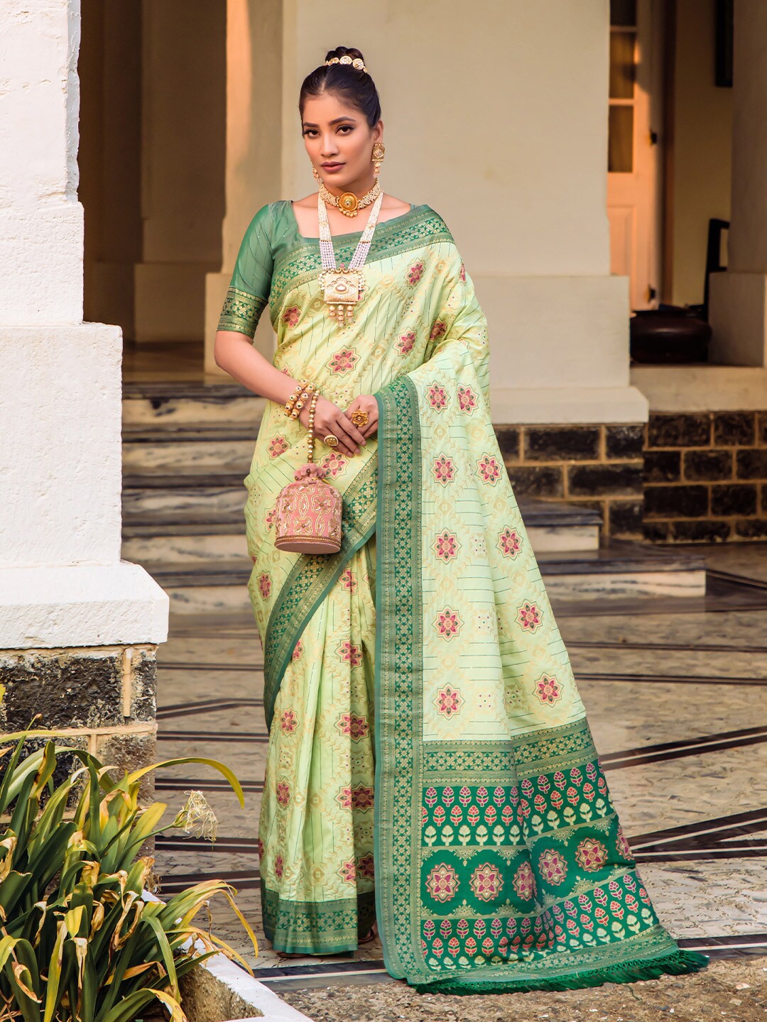 

KARAGIRI Ethnic Motifs Woven Design Zari Detail Patola Saree, Sea green