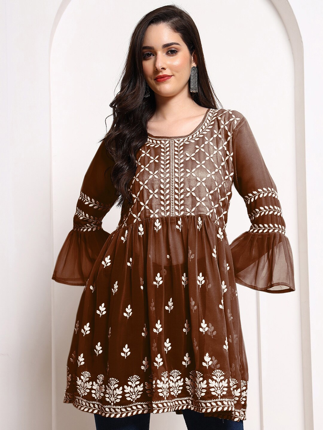 

HERE&NOW Rust Ethnic Motif Embroidered Bell Sleeves A-Line Kurti