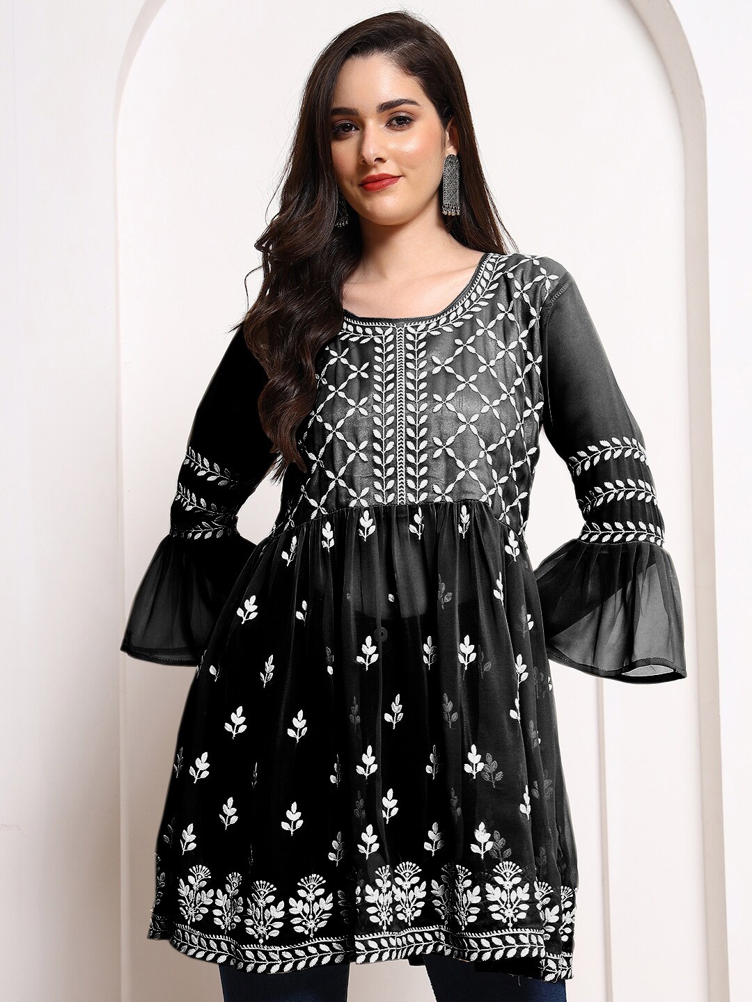 

HERE&NOW Black Ethnic Motif Embroidered Bell Sleeves A-Line Short Kurti