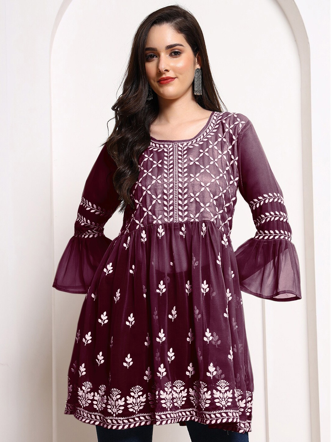 

HERE&NOW Purple Ethnic Motif Embroidered Bell Sleeves A-Line Kurti