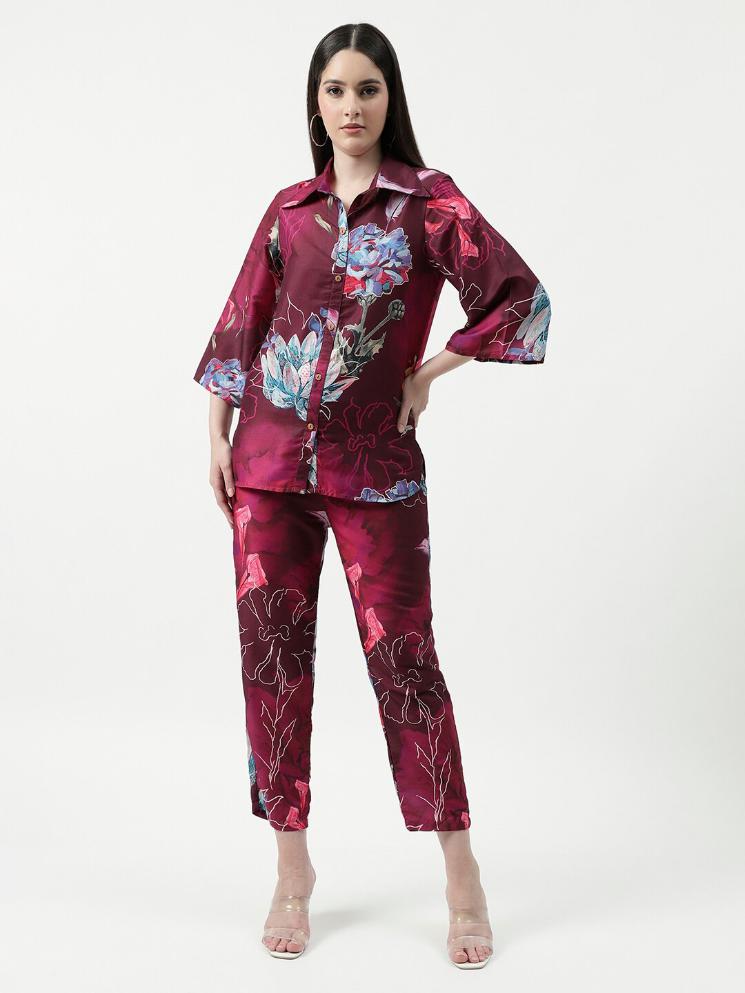 

Pannkh Floral Printed Shirt Collar Shirt With Trouser, Burgundy