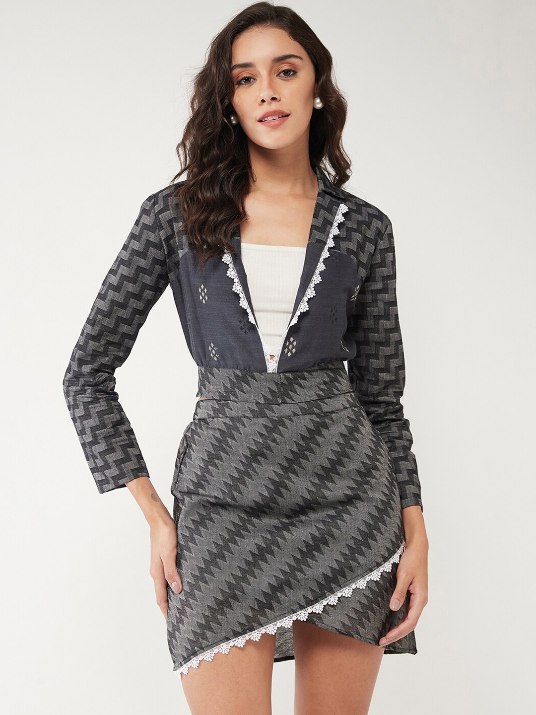 

Pannkh Printed Top With Skirt, Grey