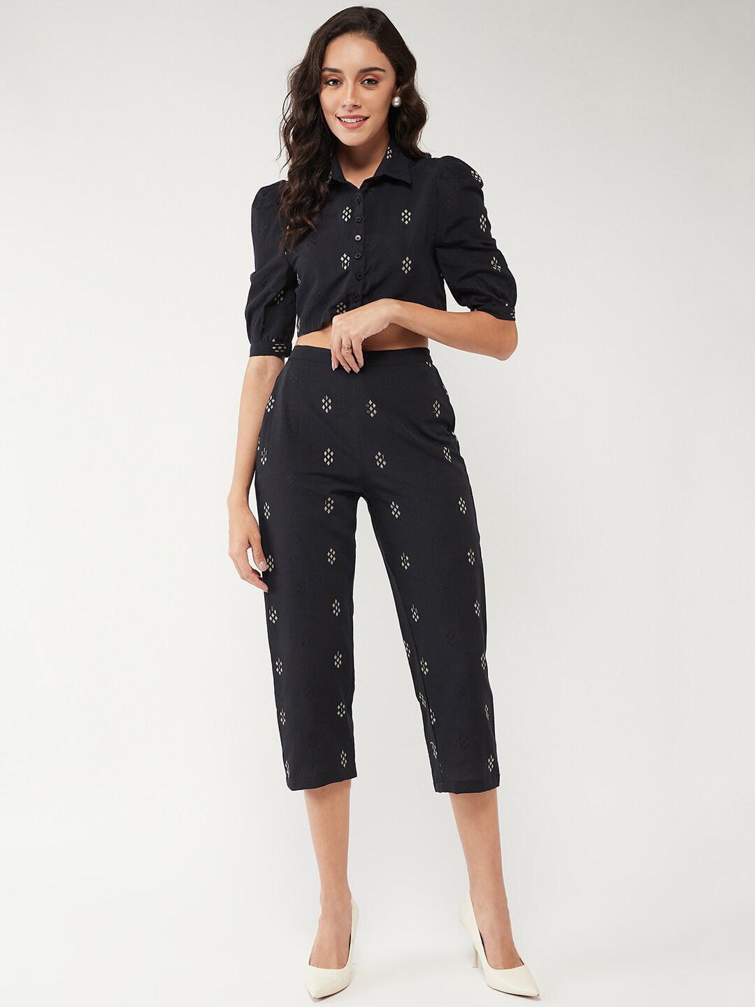 

Pannkh Woven Design Shirt Collar Pure Cotton Crop Top With Capris, Black