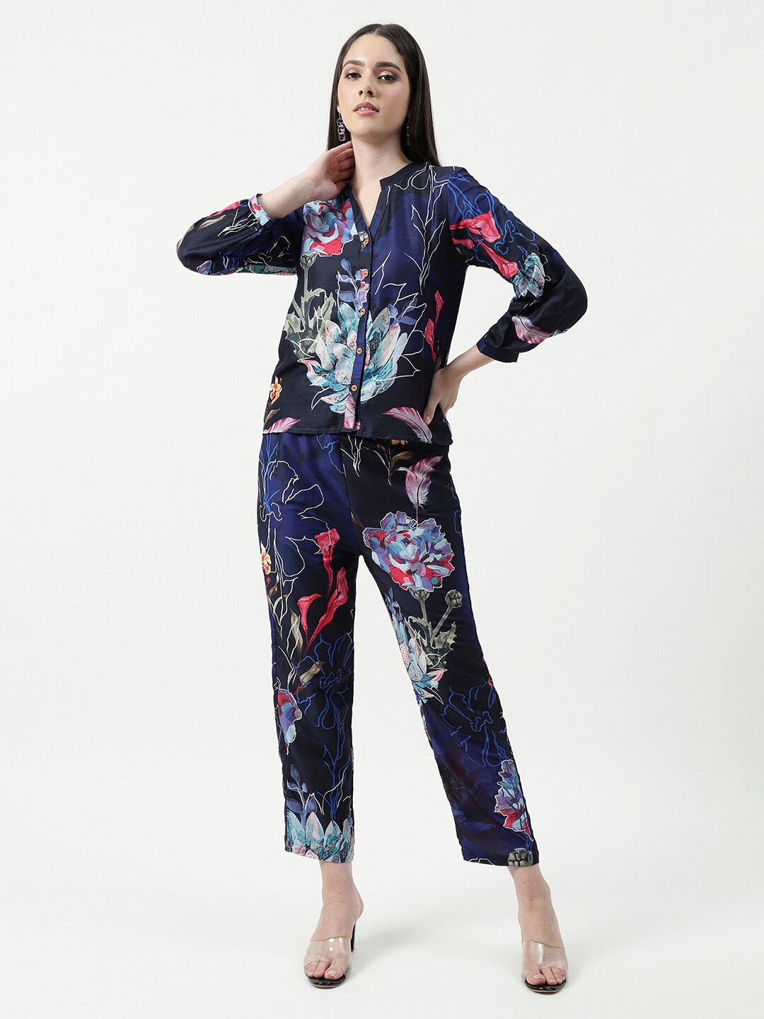 

Pannkh Floral Printed Shirt With Trousers, Navy blue