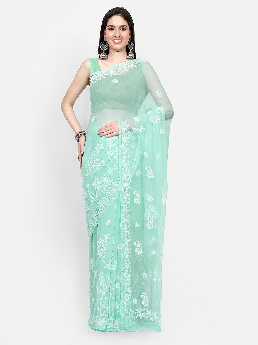 

ADA Ethnic Motifs Embroidered Chikankari Saree, Sea green