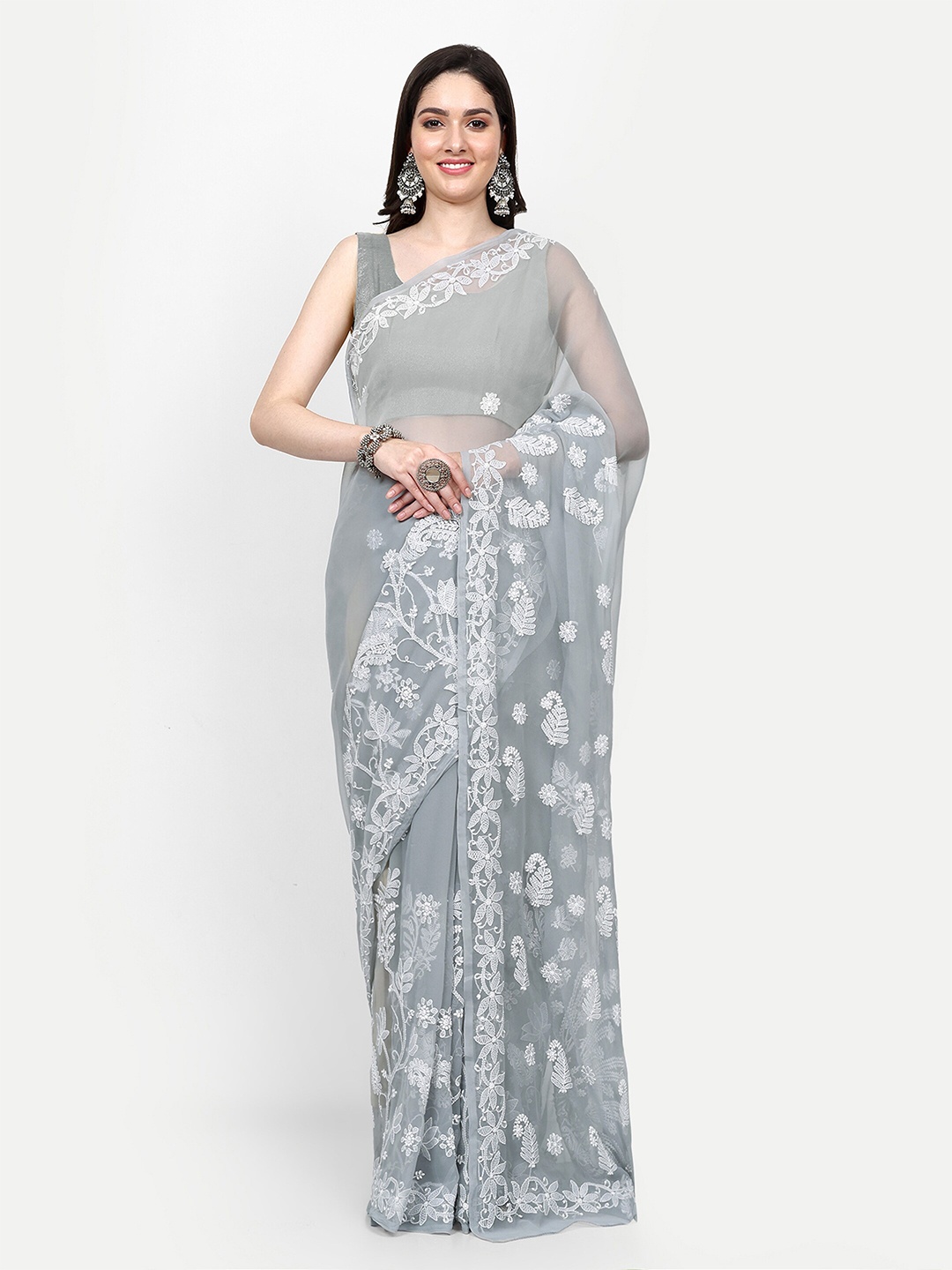 

ADA Ethnic Motifs Embroidered Chikankari Saree, Grey