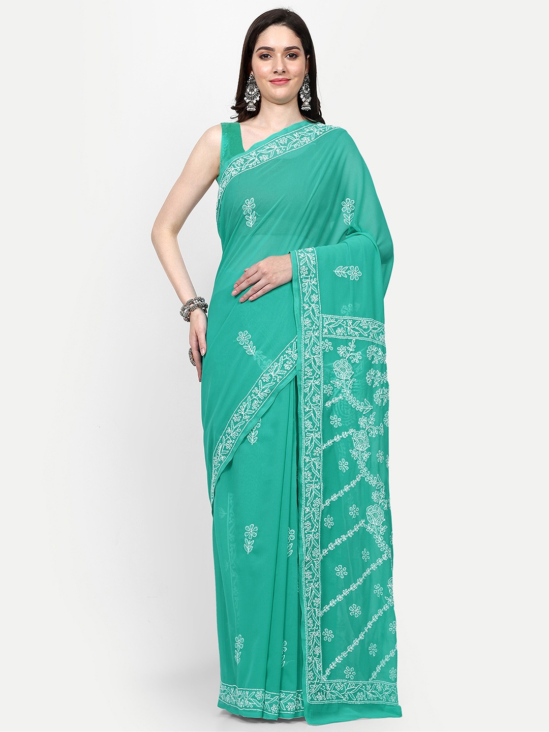 

ADA Ethnic Motifs Embroidered Chikankari Saree, Green