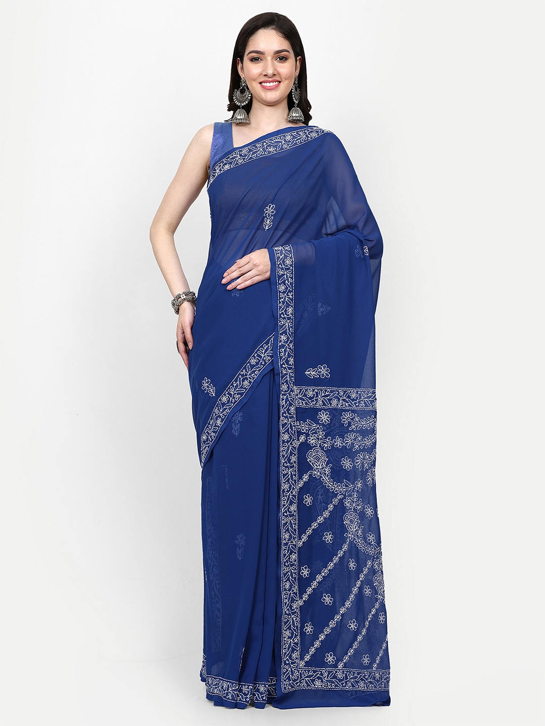 

ADA Ethnic Motifs Embroidered Chikankari Saree, Blue