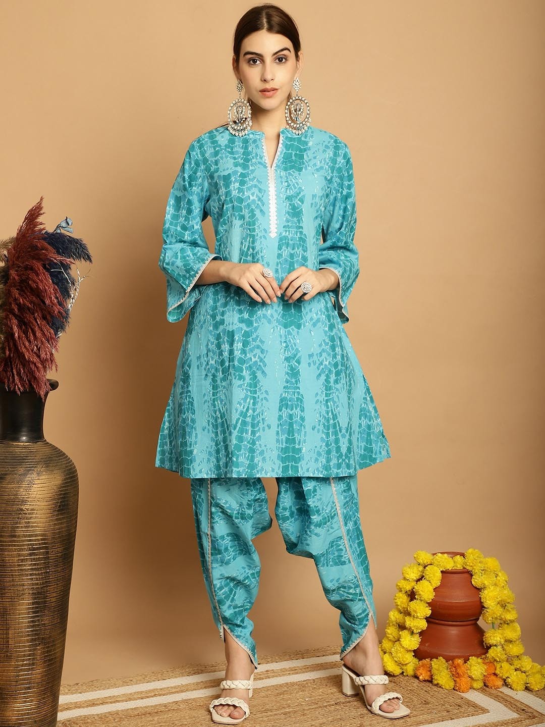 

Kamayra Printed Regular Gotta Patti Pure Cotton Kurta With Dhoti Pants, Turquoise blue