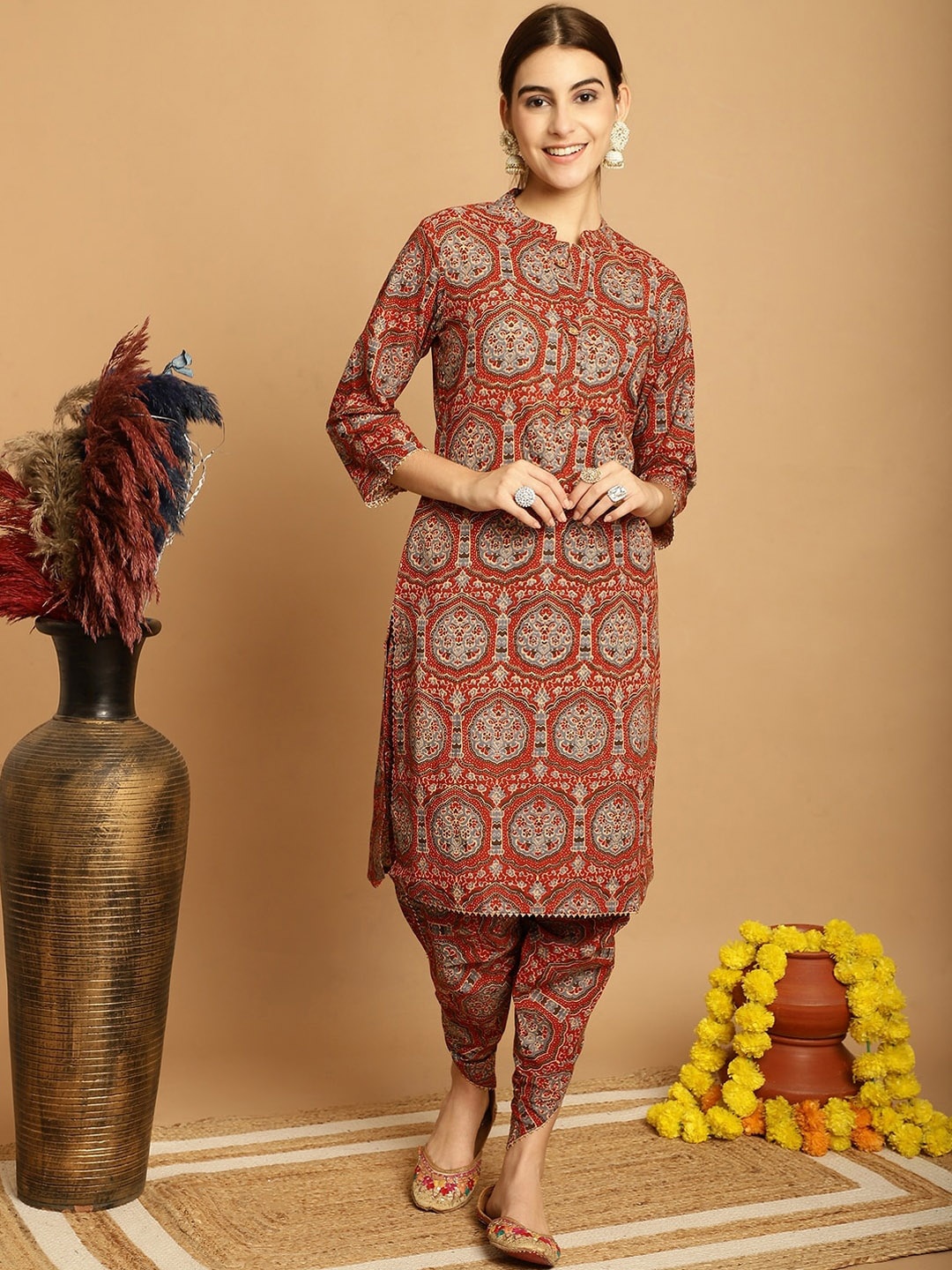 

Kamayra Ethnic Motifs Printed Gotta Patti Pure Cotton Kurta with Dhoti Pants, Rust