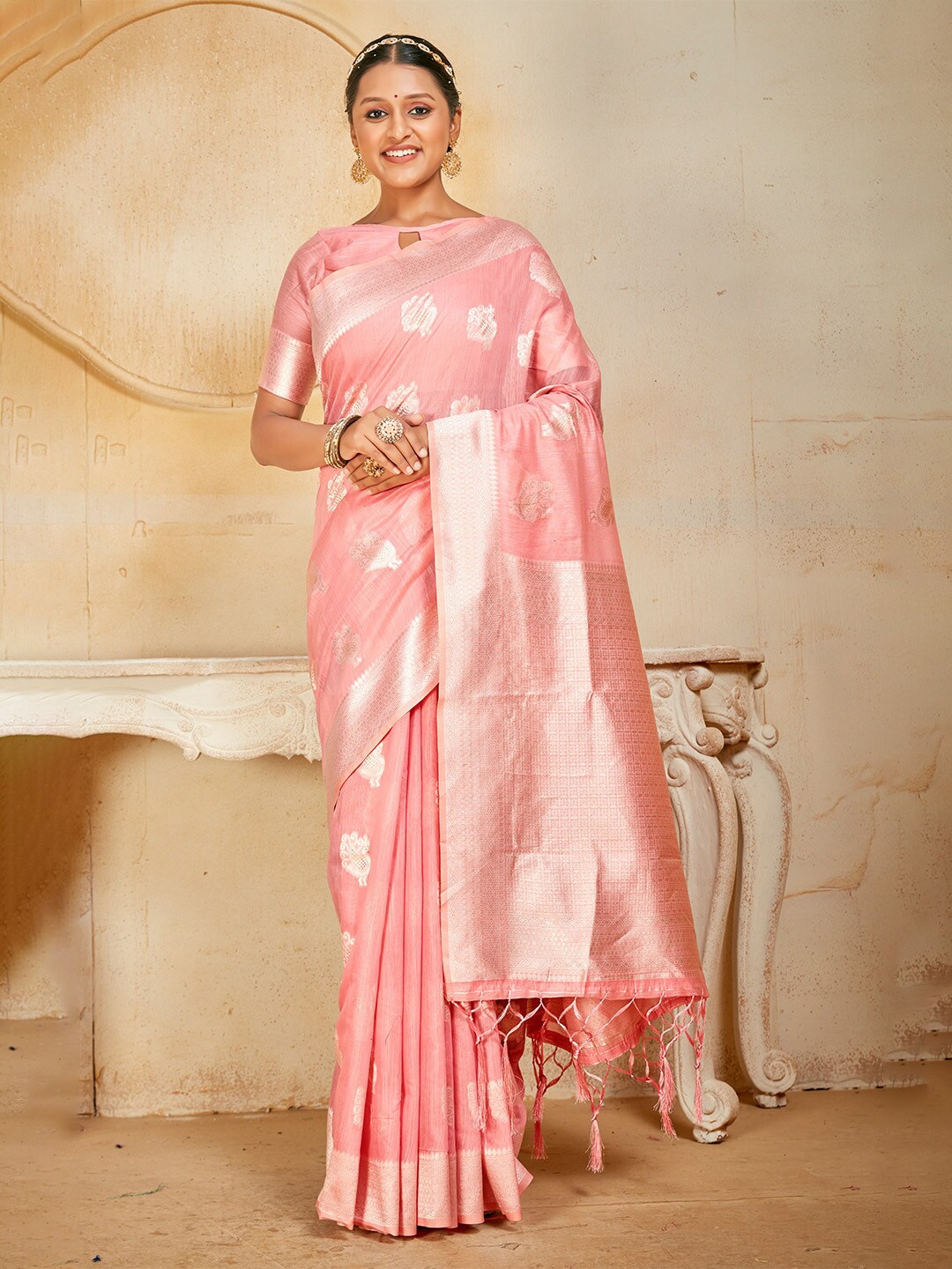 

KARAGIRI Ethnic Motif Woven Design Zari Banarasi Saree, Pink