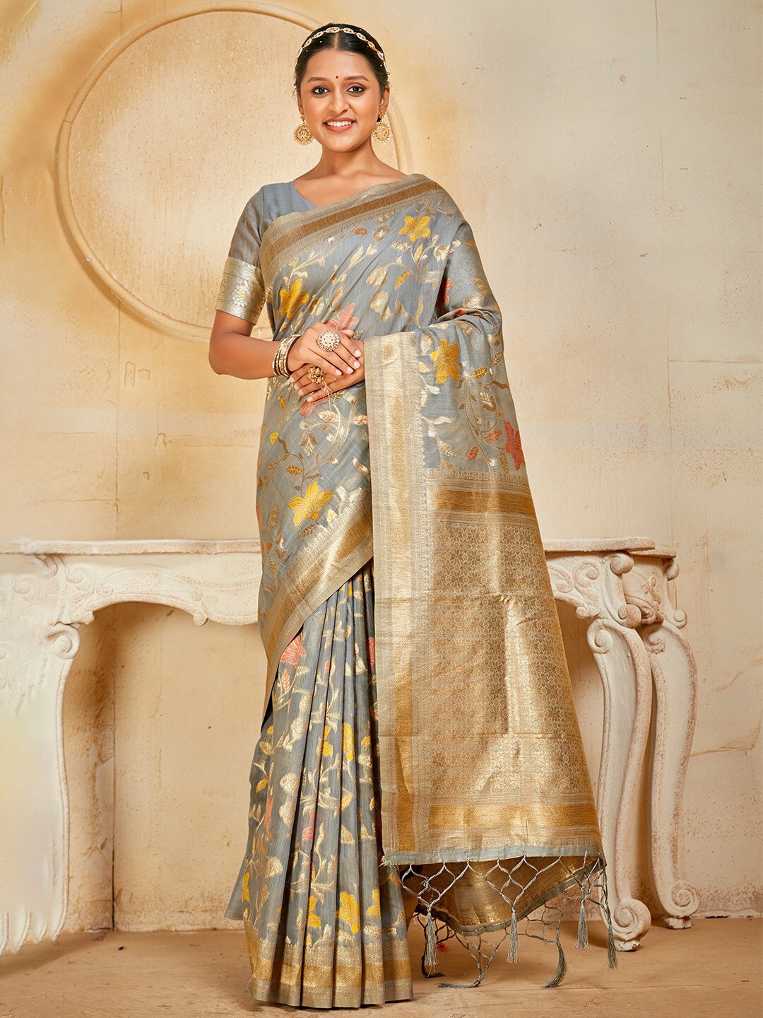 

KARAGIRI Floral Woven Design Zari Banarasi Saree, Grey