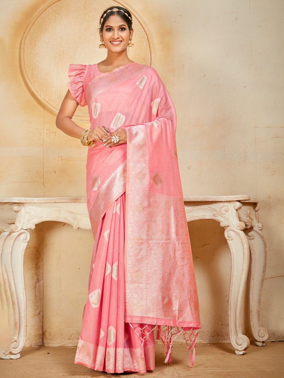 

KARAGIRI Ethnic Motif Woven Design Zari Banarasi Saree, Pink