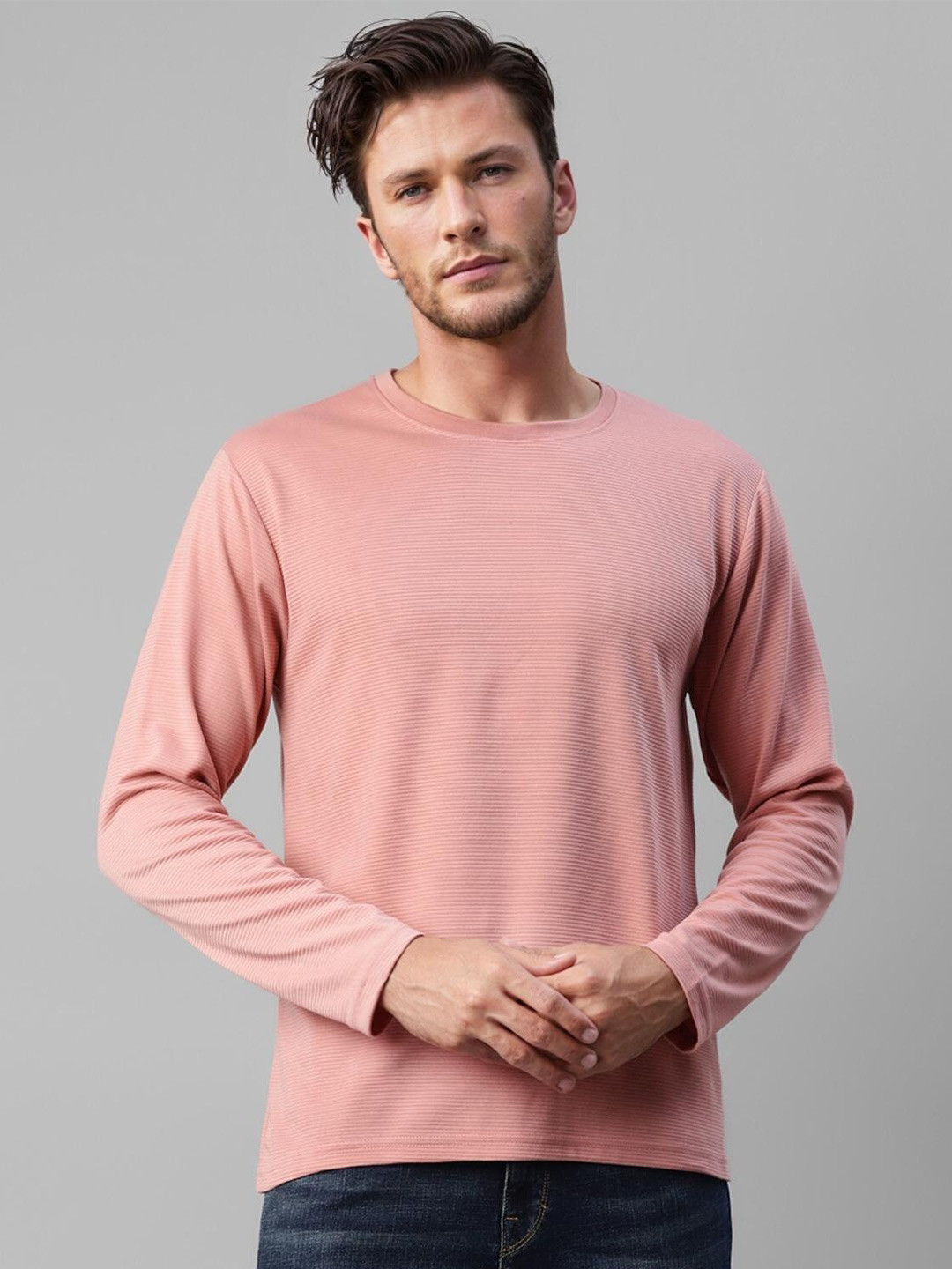 

UrbanMark Self Design Round Neck Regular Fit T-shirt, Pink